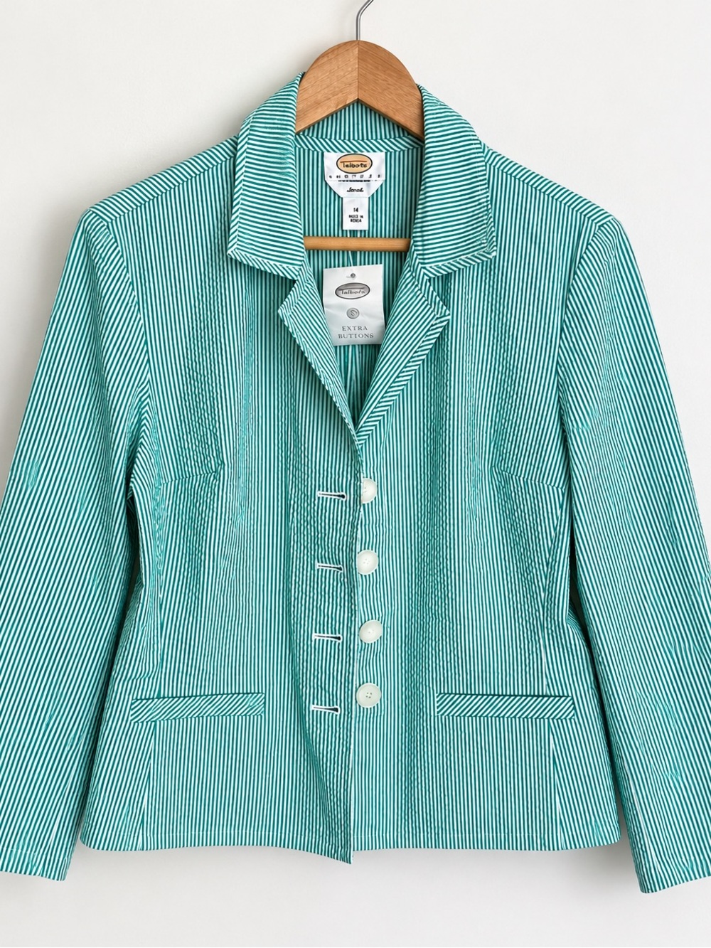 NWT 14 Petite Talbots Mint Green Striped Seersucker Blazer